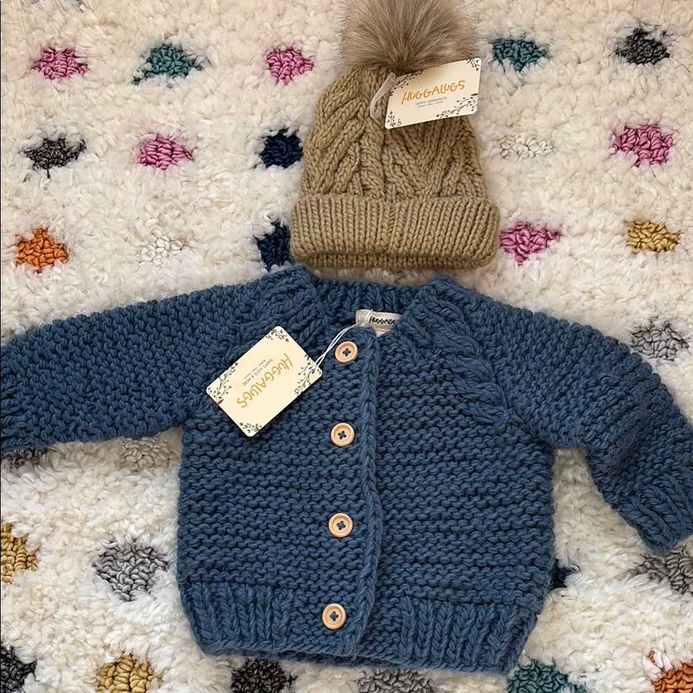 Huggalugs Blue Knitted Baby Cardigan and Tan Beanie Set 6-12mo